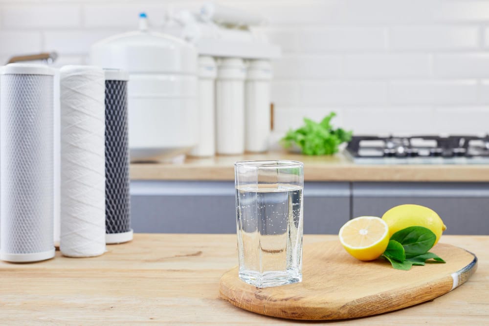 Glass of clear filtered water on a wooden cutting board with lemons and spinach leaves in a modern kitchen, with reverse osmosis filter cartridges and system blurred in the background.